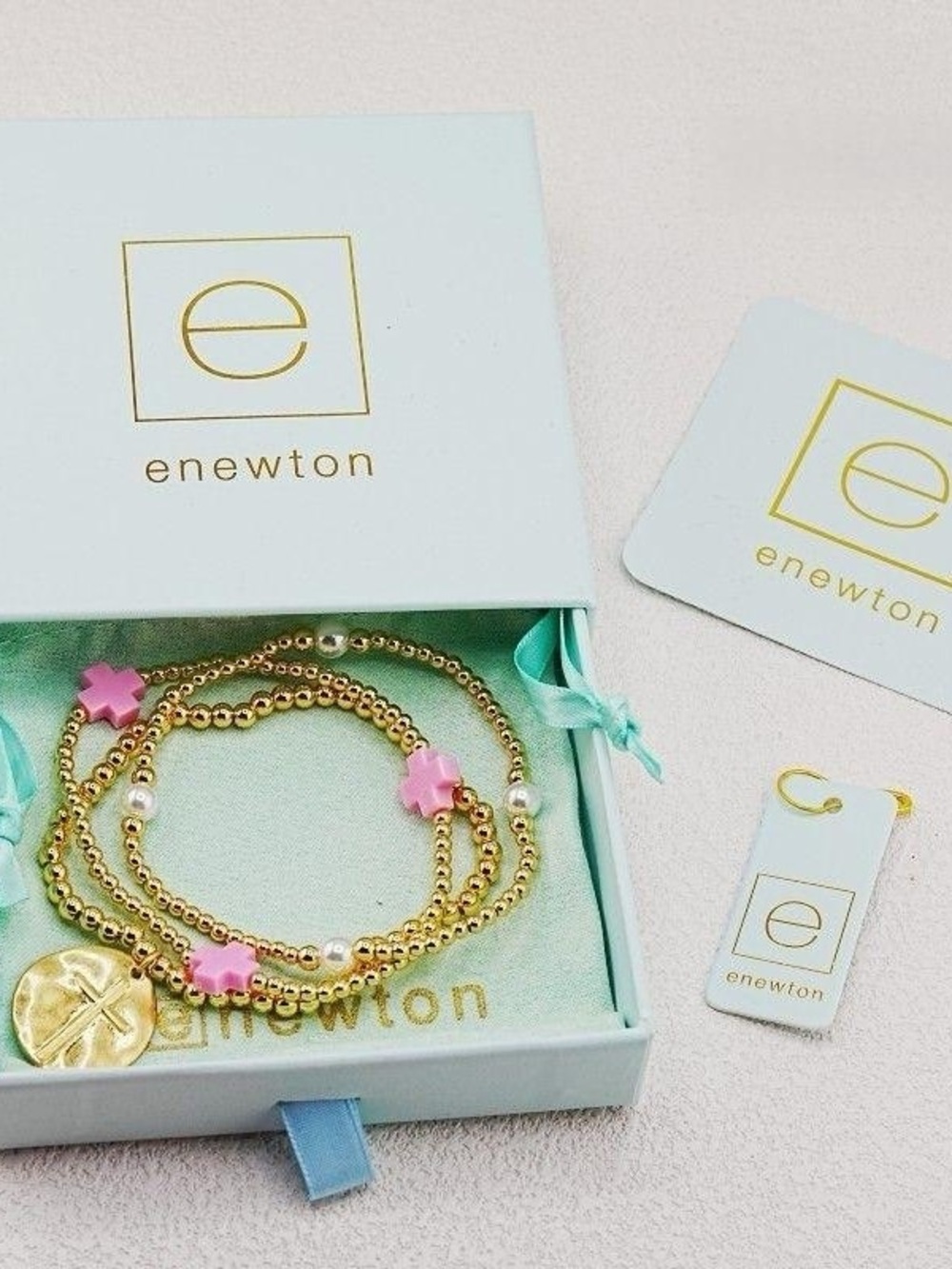 ENewton Gold Beaded Bracelet Set with Pink Cross Accents